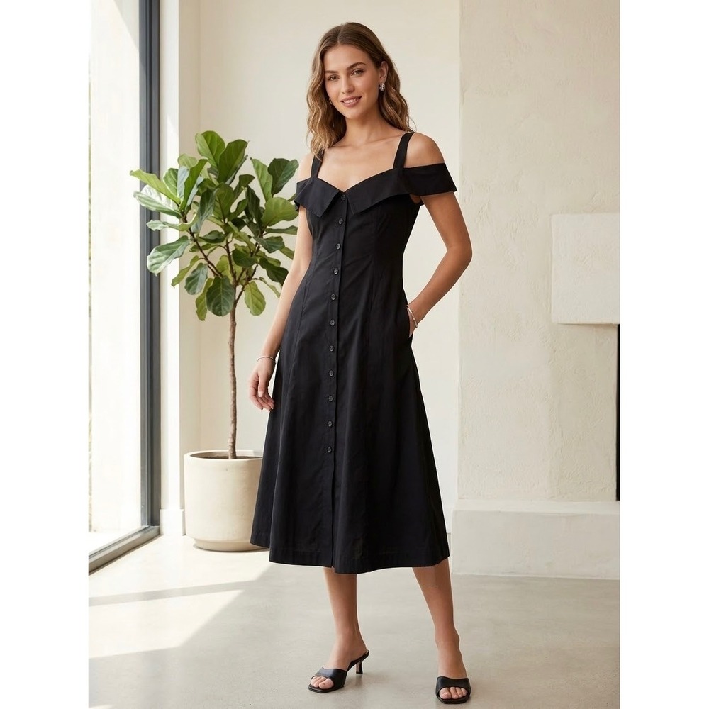 A.L.C. Black Linen Blend Off Shoulder Button Front Midi Dress Size 8 6DRES00258
